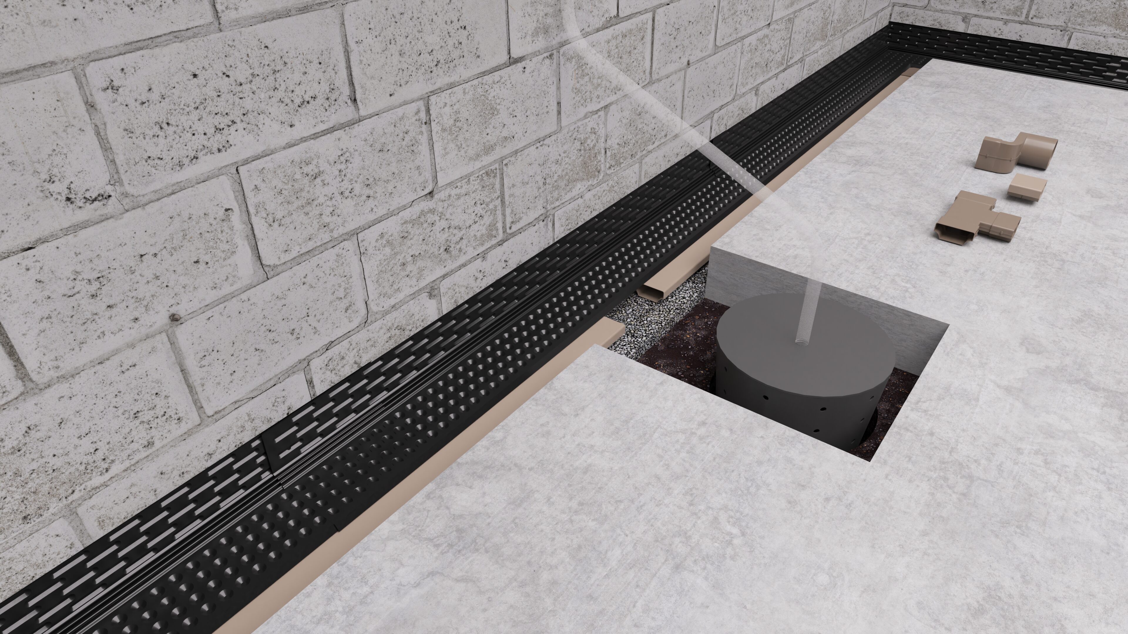 Step 9 Fast Track drain tile basement waterproofing system with Drain-Eze XL dimple footing mat