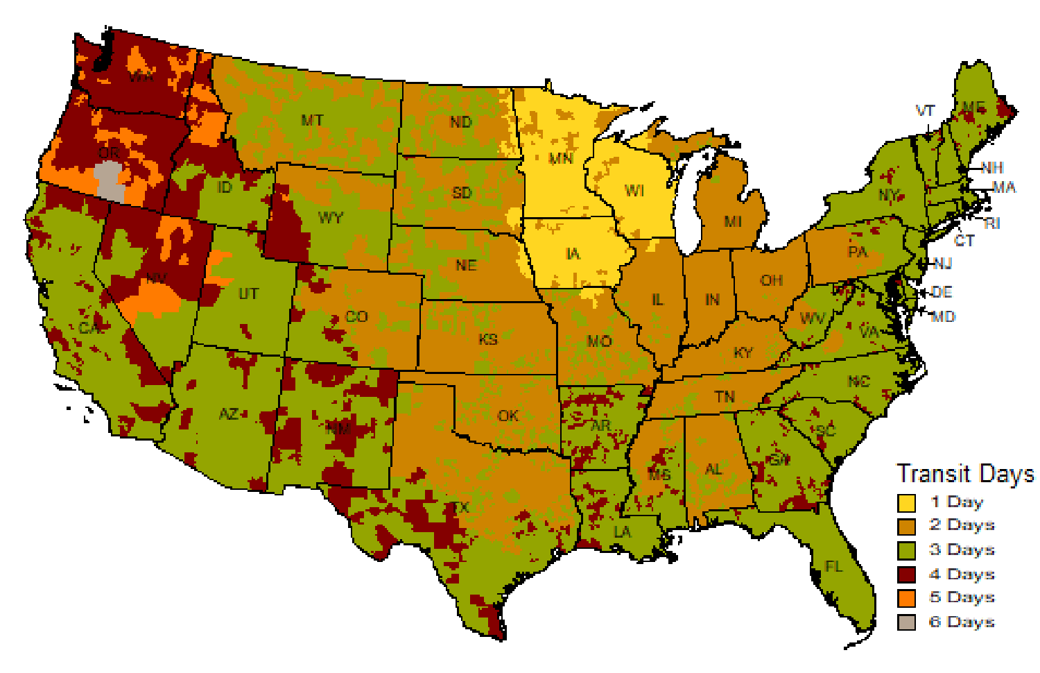 UPStransittimemap UPS transit times from Hudson, WI basement waterproofing warehouse